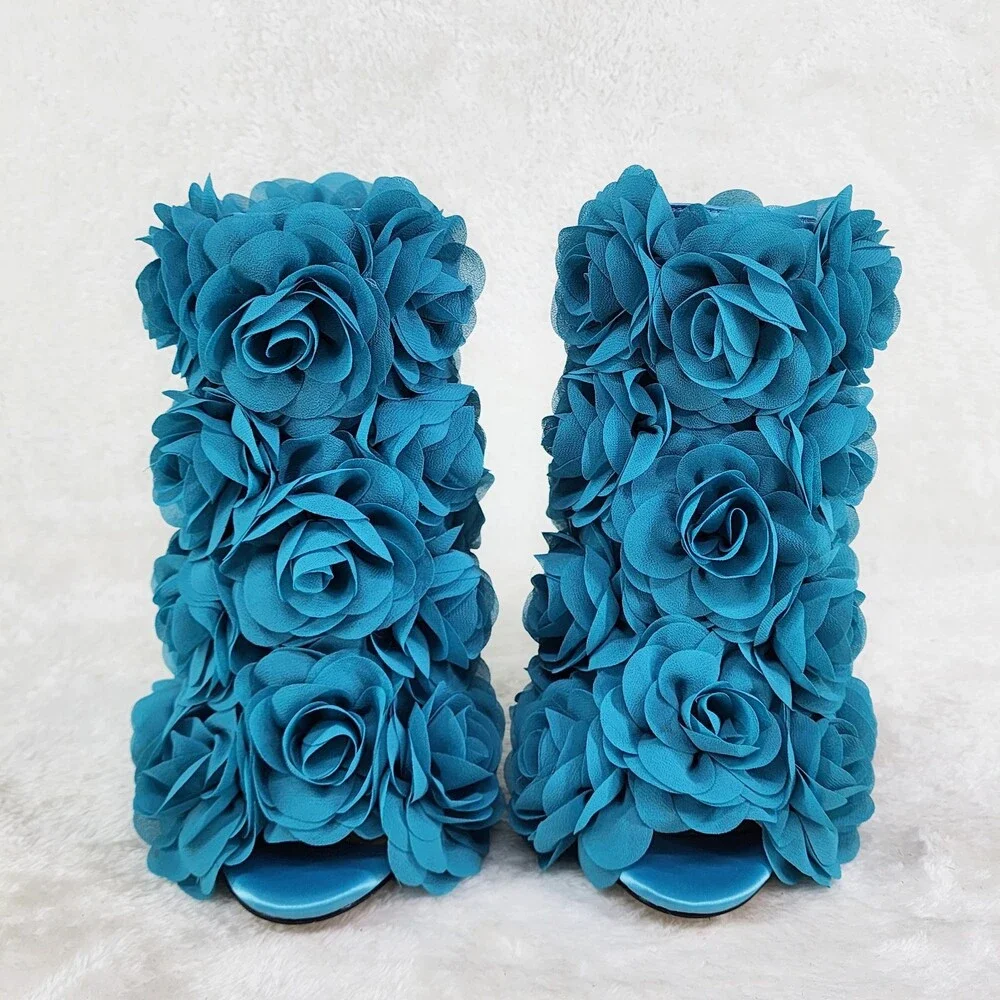 NIB Beauty 3D Flowers Floral High Heel Xoanna Elegant Ankle Boots Teal Blue - Picture 9 of 16